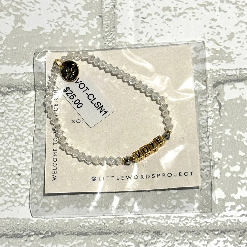 TWO Little Words Project VOTE Gold Beads and Clear Beaded Bracelet NEW